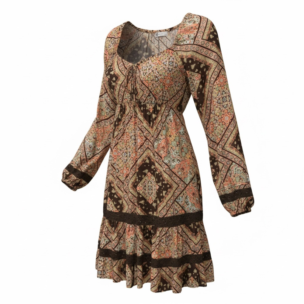 SO Goods for Life Boho Print Long Sleeve Tiered Peasant Dress
